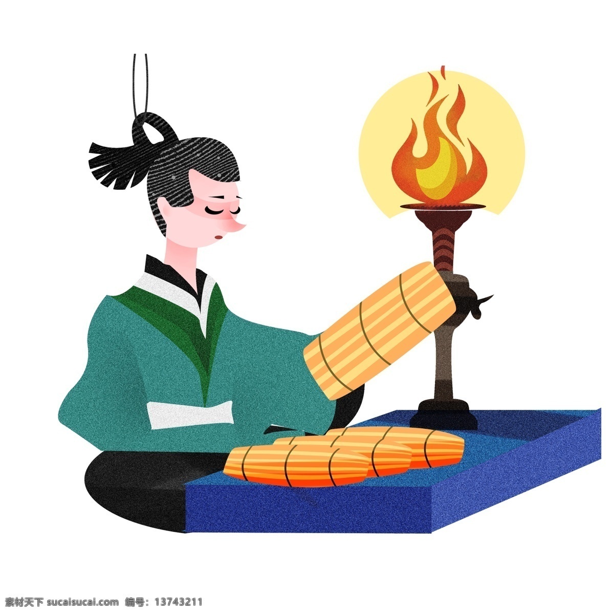 古代 悬梁刺股 人物 插画 读书 学习 古风 书生 手绘 书简 看书 烛火