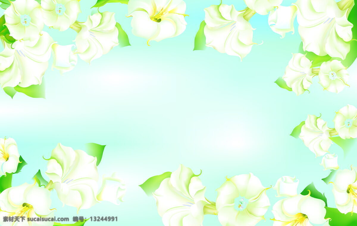 梦幻 喇叭花 移门 图 花边 花朵 花卉 蓝色背景 蓝天 烂漫 清新 时尚 手绘 白色喇叭花 重友三期 时尚系列 家居装饰素材