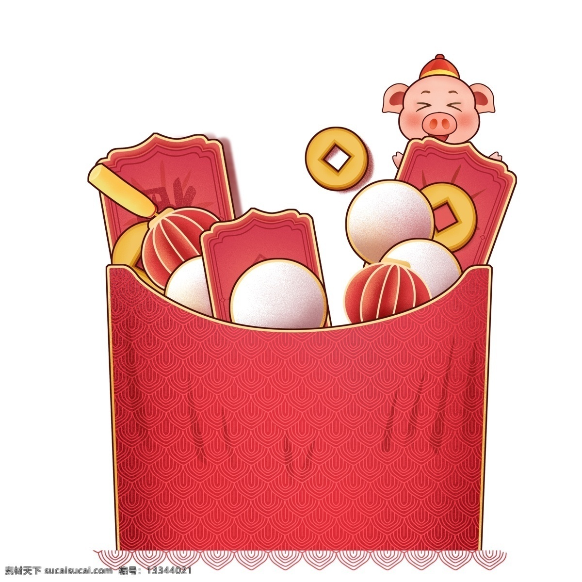 卡通 手绘 一个 红包 元素 潮漫 插画 国潮 喜庆 铜板 小猪 汤圆