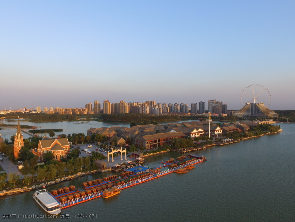 聊城 龙 堤 码头 全景 旅游 航拍 蓝天 江北水城 俯瞰 背景 大图 东昌湖 教堂 美食岛 游船 游艇 建筑园林