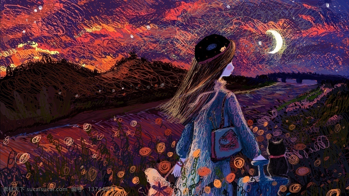 线圈 印象 唯美 梦幻 夜景 插画 猫 意境
