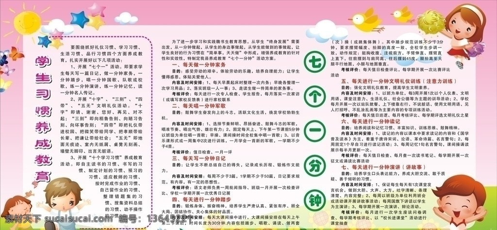 习惯养成 教育 学校展板 七个一分钟 家务 军歌 日记 踏步 文明礼仪训练 读记 演讲 矢量