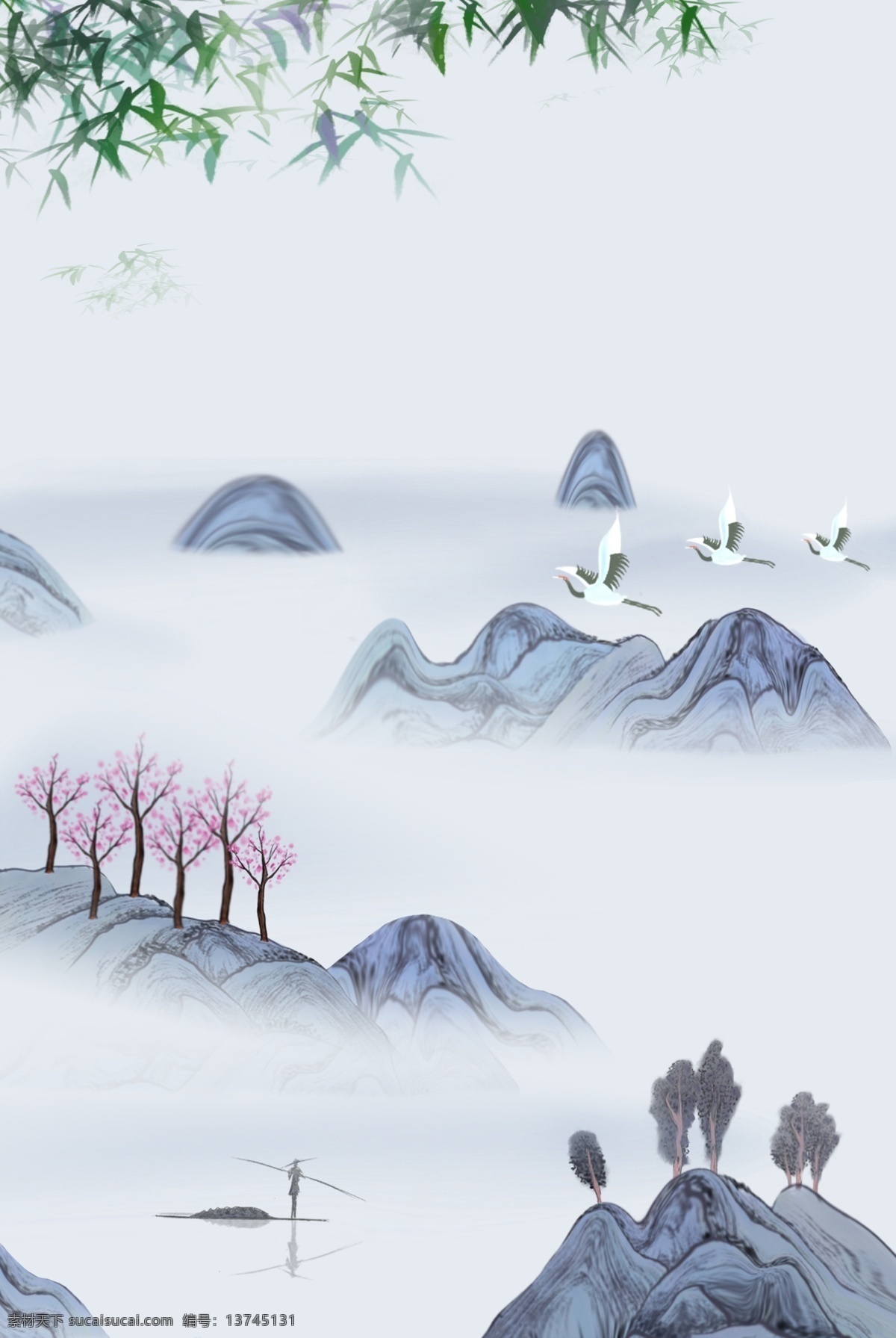 简约 清新 中国 风 山水 背景 文艺背景 清新背景 中国风背景 山水背景 房屋 飞鸟 中国风 水墨
