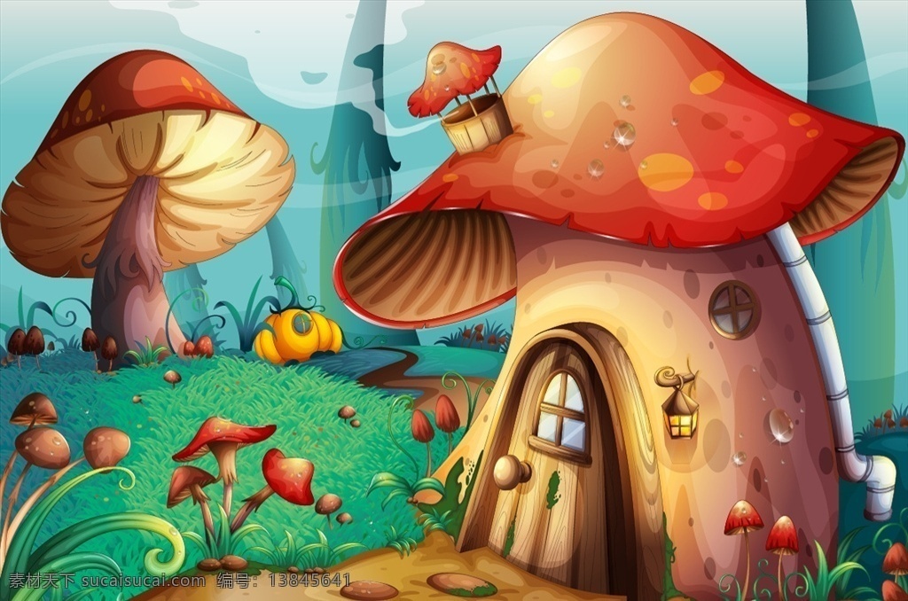 可爱 卡通 动漫 蘑菇 房子 插图 花朵 草地 大树 鹅卵石 杨柳树 风景 幻想 故事 小屋 植物 香菇 烟囱 蘑菇屋 可爱插图 卡通大自然 动漫动画 风景漫画
