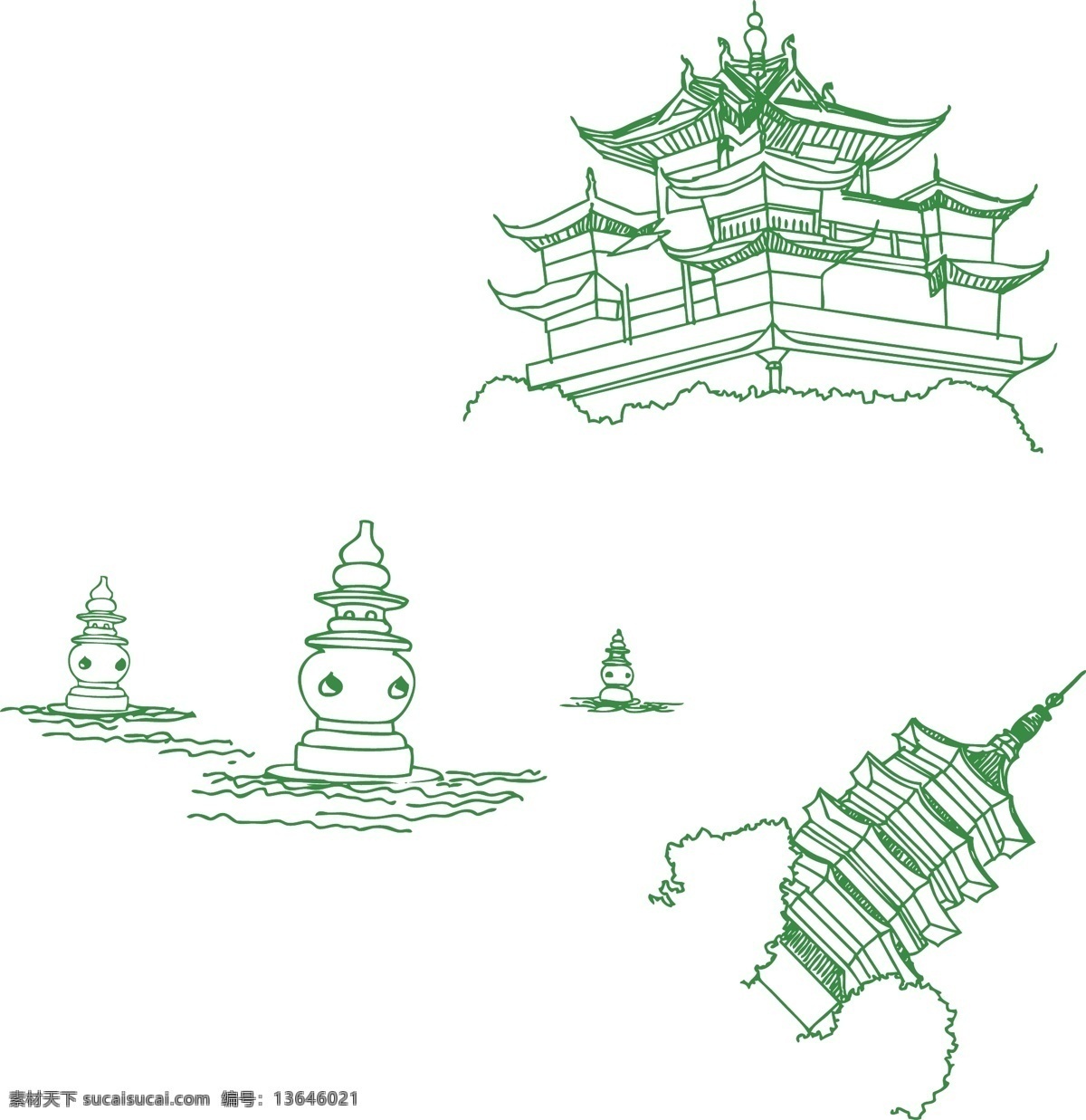 杭州建筑 矢量 旅游景点 名胜古迹 矢量建筑 手绘建筑 手绘 文化艺术 绘画书法