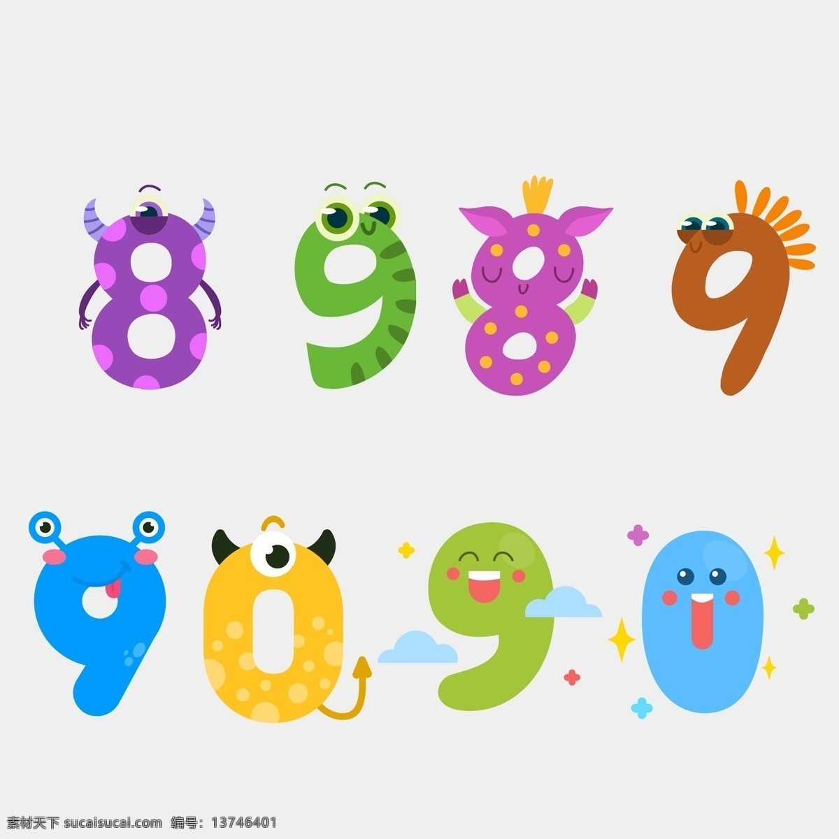 彩色 卡通 数字 动物 创意 可爱 矢量素材 猪 蜗牛