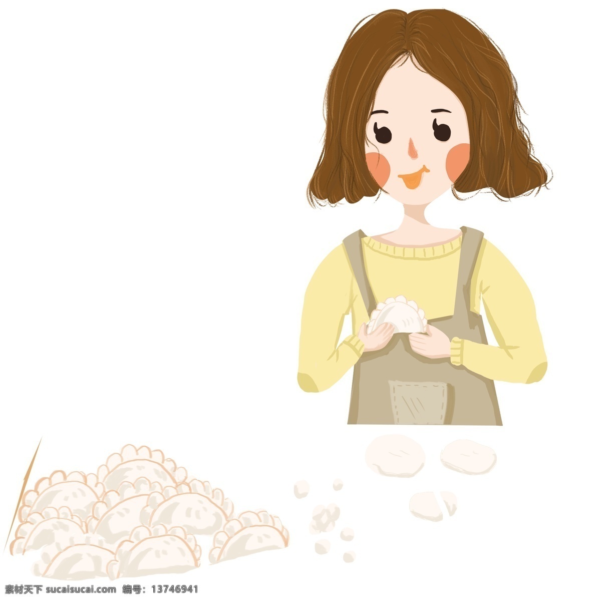 彩绘 冬季 在家 包 饺子 女孩 小清新 节日 人物 冬至 二十四节气 24节气 女生 包饺子 饺子元素