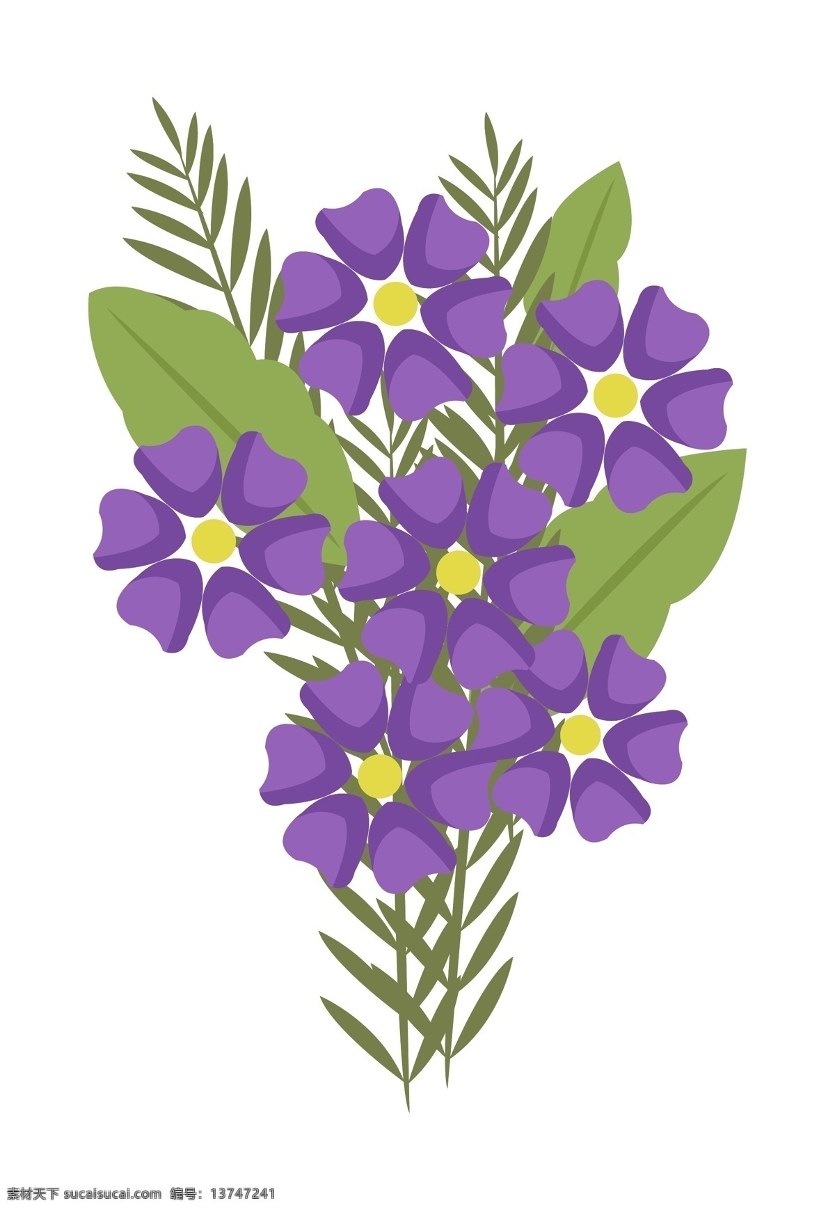手绘 紫色 花束 插画 鲜花 花卉 绿色的叶子 绿叶 卡通花朵 手绘花束 紫色花束插画 美丽的花束 黄色花蕊