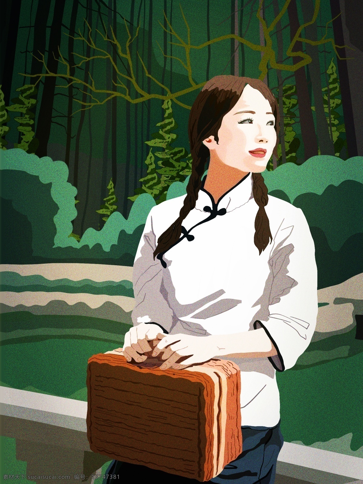 民国 复古 风 插画 女 学生 休闲 时光 小清新 森林 旅游 美女 女学生 书香 古风 池塘 花园 书包 手提包 民国风 写实 矢量插画 户外 景点 留学 麻花辫 青春 壁纸 手机壁纸 十一月 十一 11月 早安