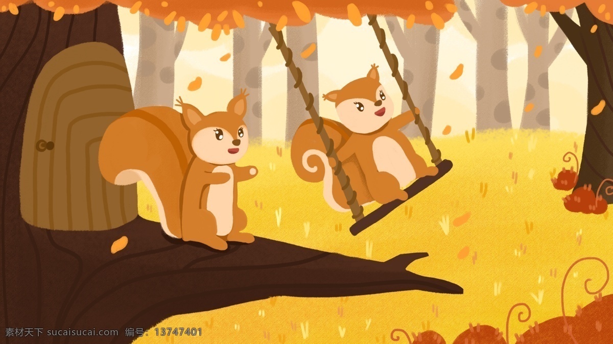 你好 秋天 松鼠 秋千 原创 卡通 插画 你好秋天 落叶 树木