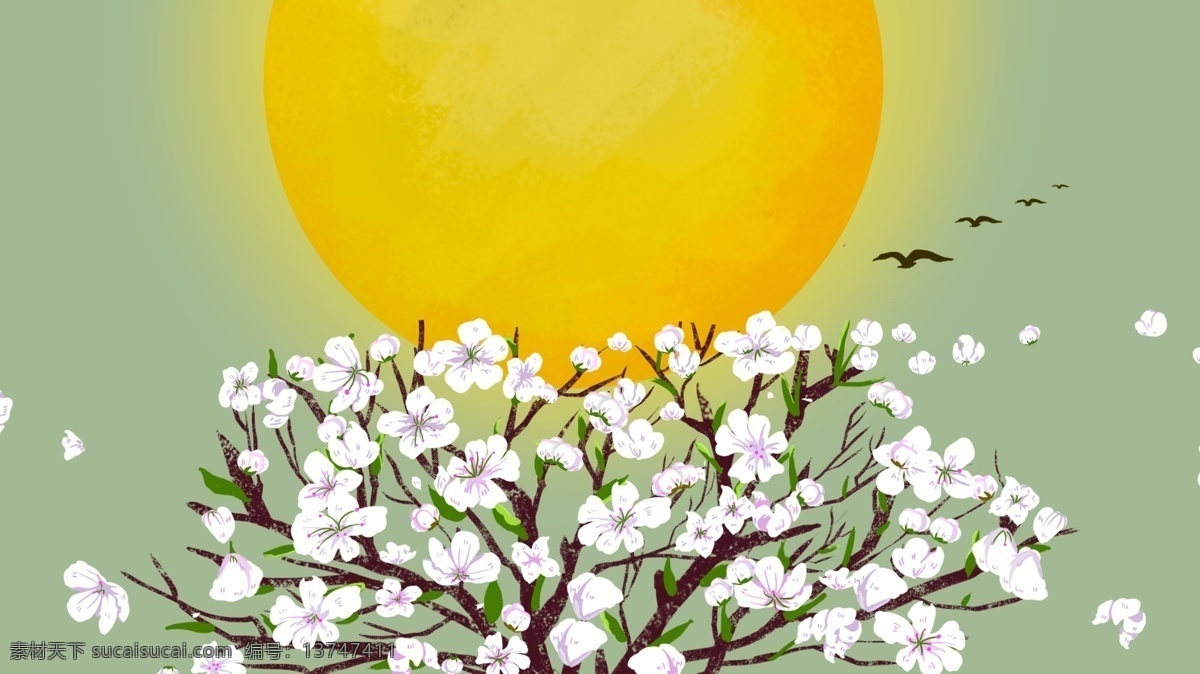 成语 花好月圆 夜 原创 肌理 复古 夜晚 壁纸海报 商业插画 桌面壁纸风 花树 圆月 社交媒体用图 微博微信用图