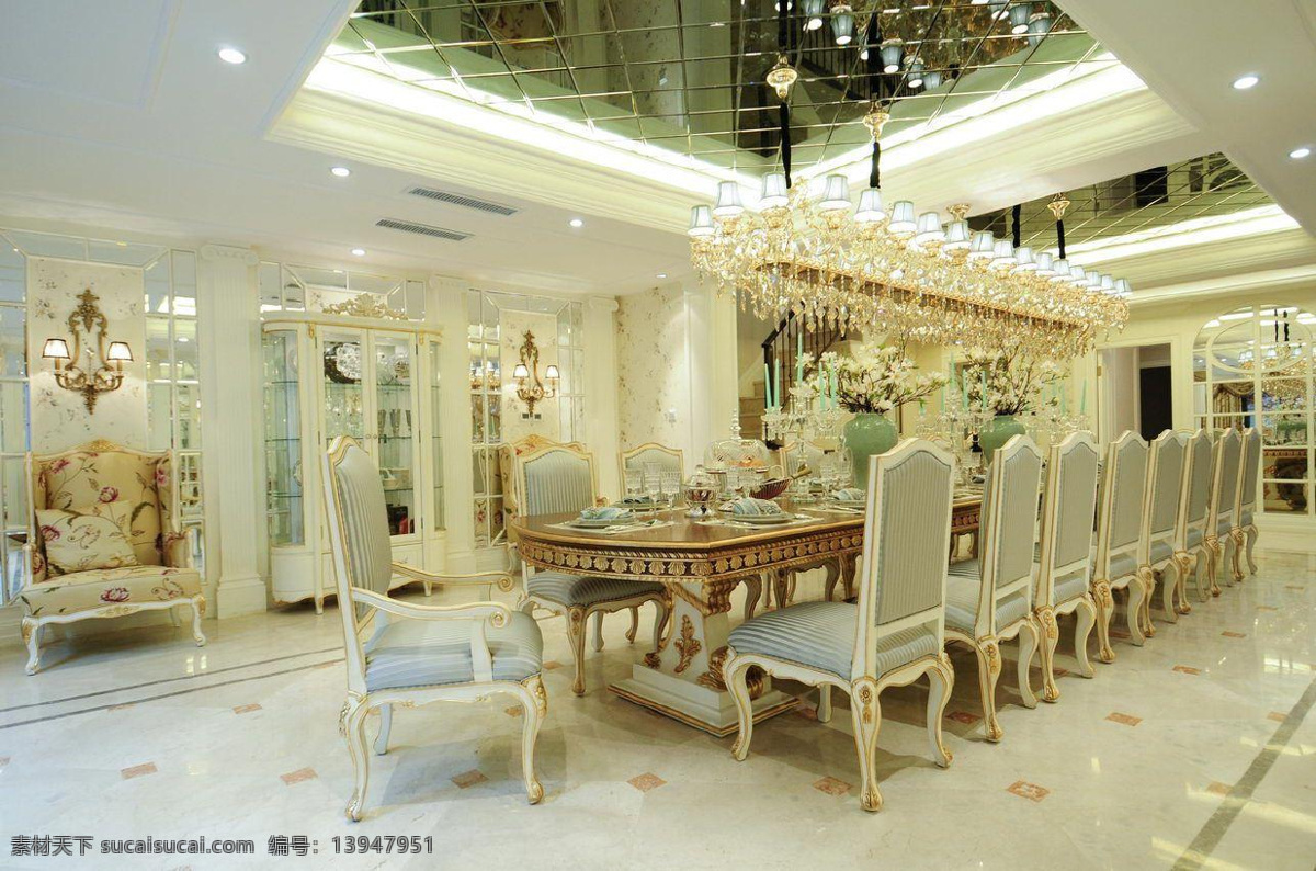 欧式 餐厅 方形 吊顶 装修 效果图 白色射灯 壁灯 长方形餐桌 桌椅