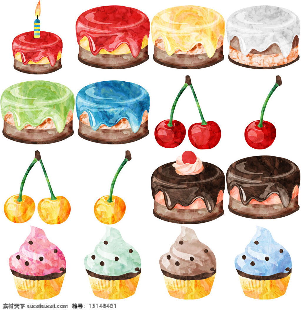 水彩 绘 美味 蛋糕 图标 元素 水彩绘 水果 樱桃 纸杯蛋糕