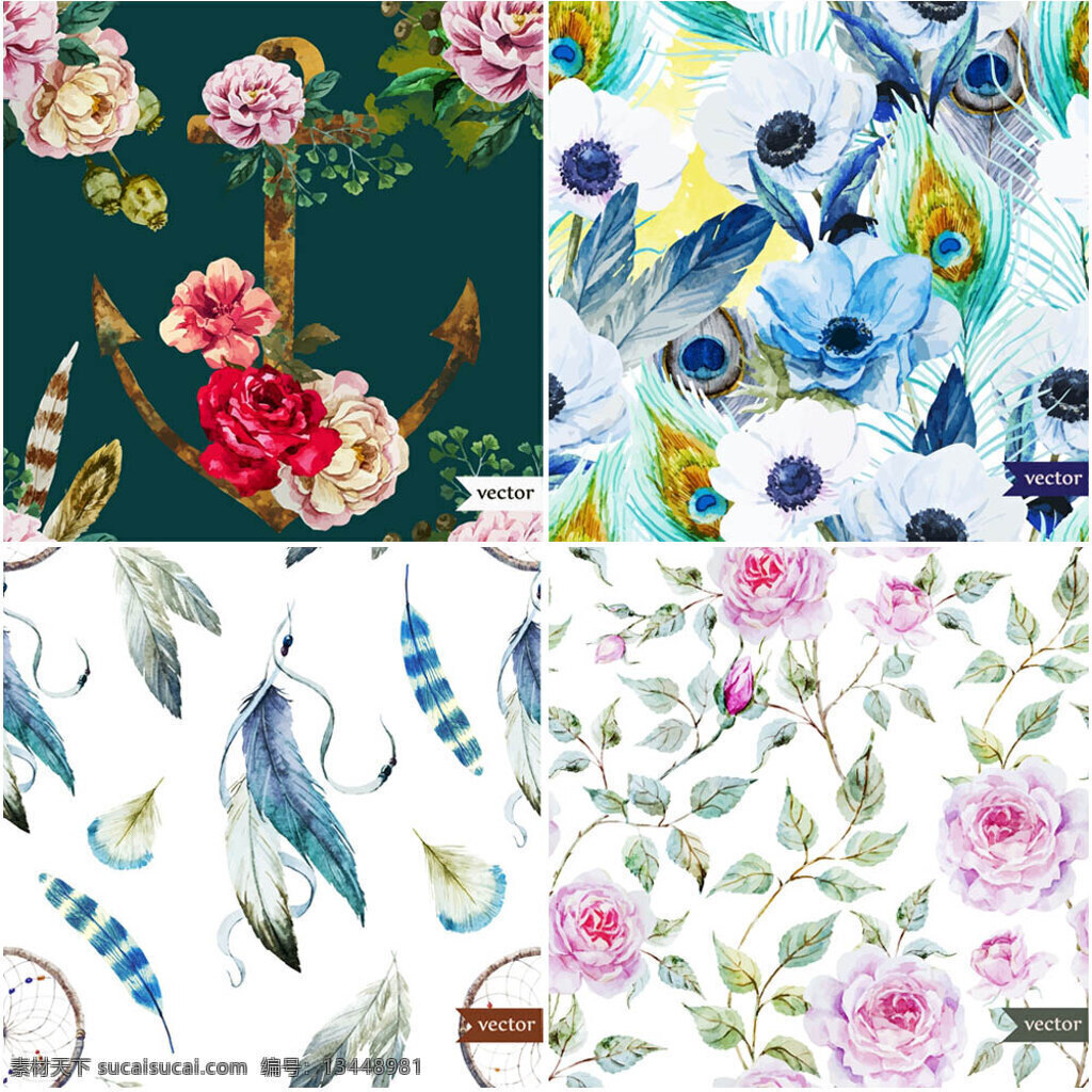 时尚 手绘 植物 花朵 插画 玫瑰 清新 唯美 艺术 羽毛