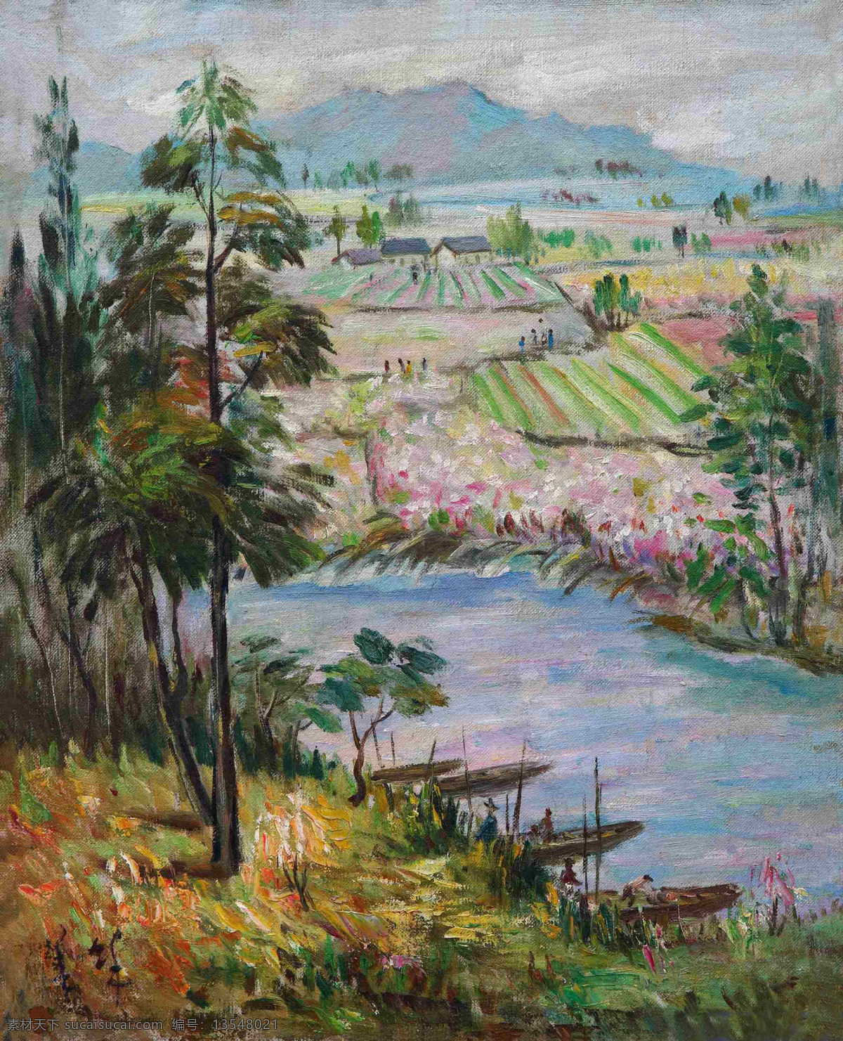 船 房屋 绘画书法 农村 山 田野 田园风光 油画 油画设计 场景油画 乡村生活 花菜树木 溪流 文化艺术 家居装饰素材