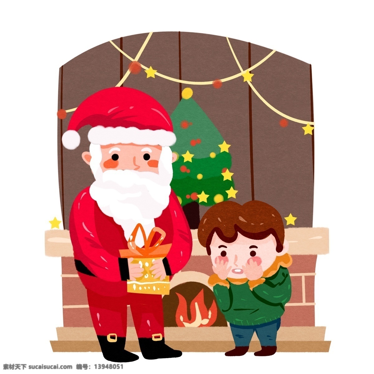 圣诞 场景 圣诞老人 送礼 物 小 男孩 壁炉 圣诞场景 礼物 室内 壁橱