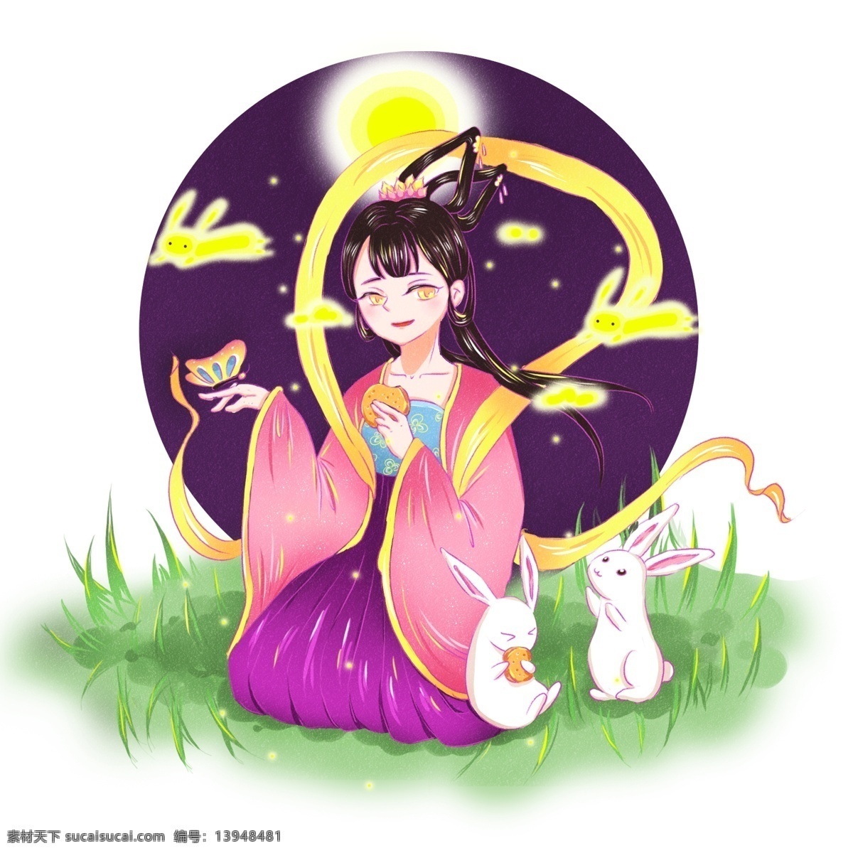 中秋节 月下 嫦娥 玉兔 赏月 商用 原创 元素 古典 月饼 传统节日 八月十五 手绘