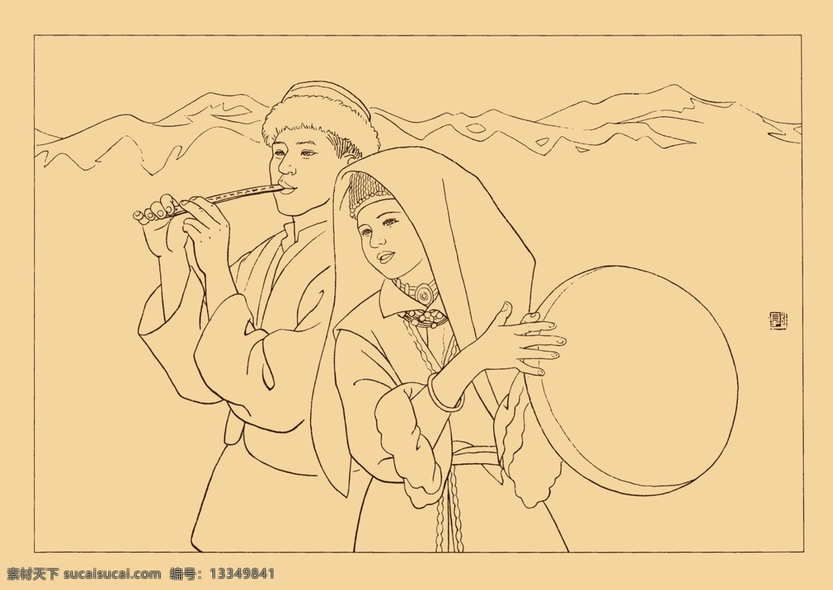 高原鹰笛 塔吉克族 姑娘 少女 青年 少数民族 白描 国画 中国画 勾勒 线描 56个民族 爱情 男女 人物 分层 源文件