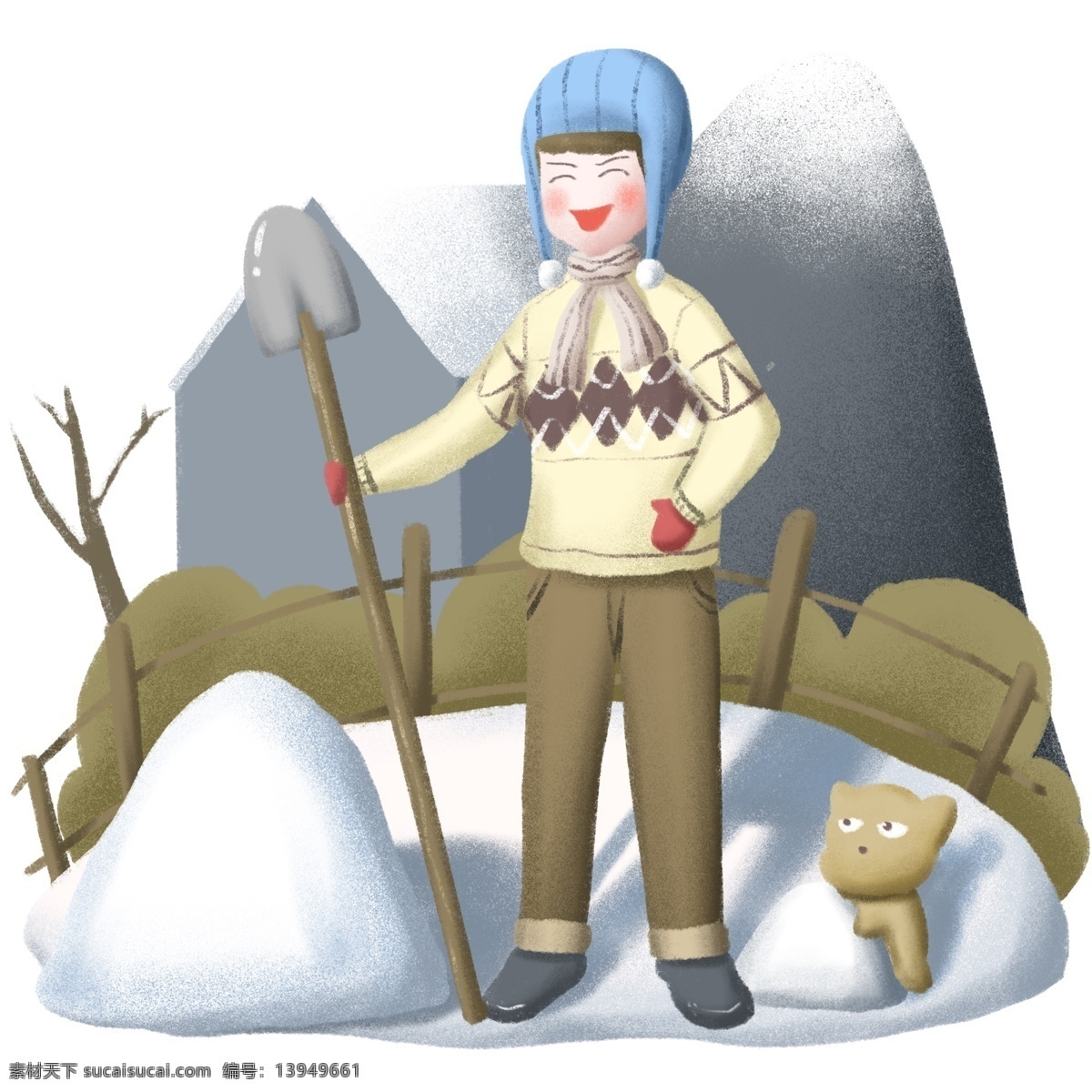 大寒 堆 雪人 小 男孩 白色的雪人 白色的雪地 冬日雪景 蓝色的帽子 大寒人物插画 黄色的小熊 褐色的树枝