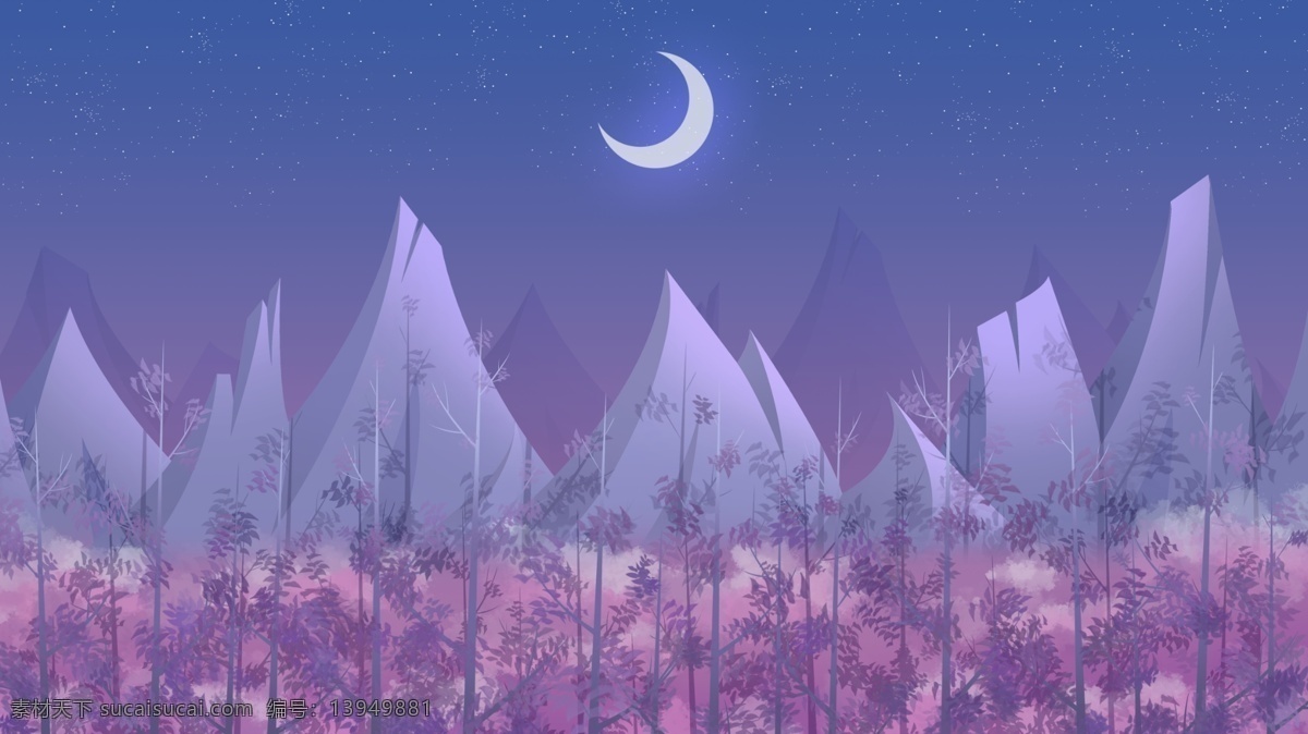 晚安 你好 安静 夜晚 月光 下 树林 夜空 月 紫色 云 晚安你好 晚上 山 冷色 山林