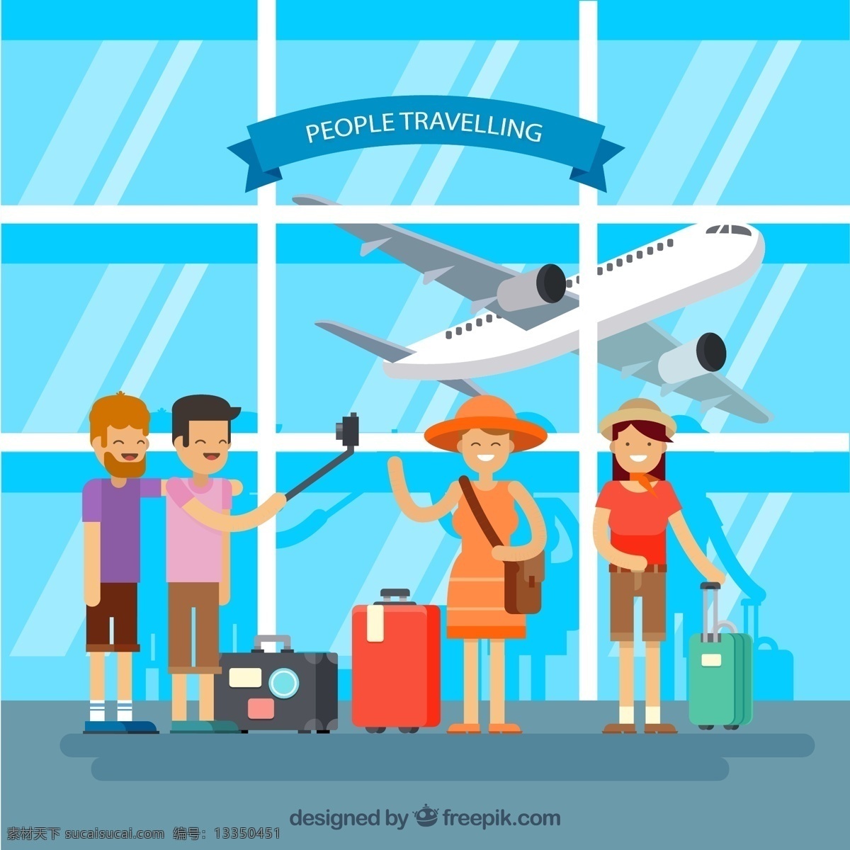 机场 旅行 人物图片 飞机 自拍 手机 行李箱 男子 女子 源文件 矢量 高清图片