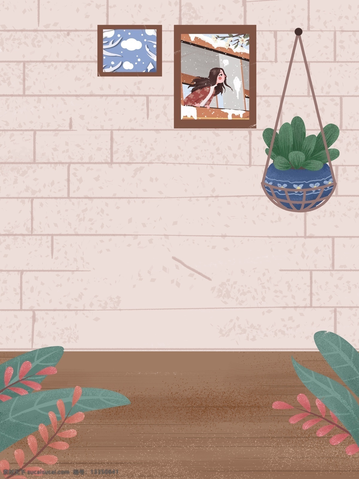 清新 春季 家居 植物 壁画 背景 盆栽 背景设计 彩绘背景 通用背景 背景展板图 背景图 创意
