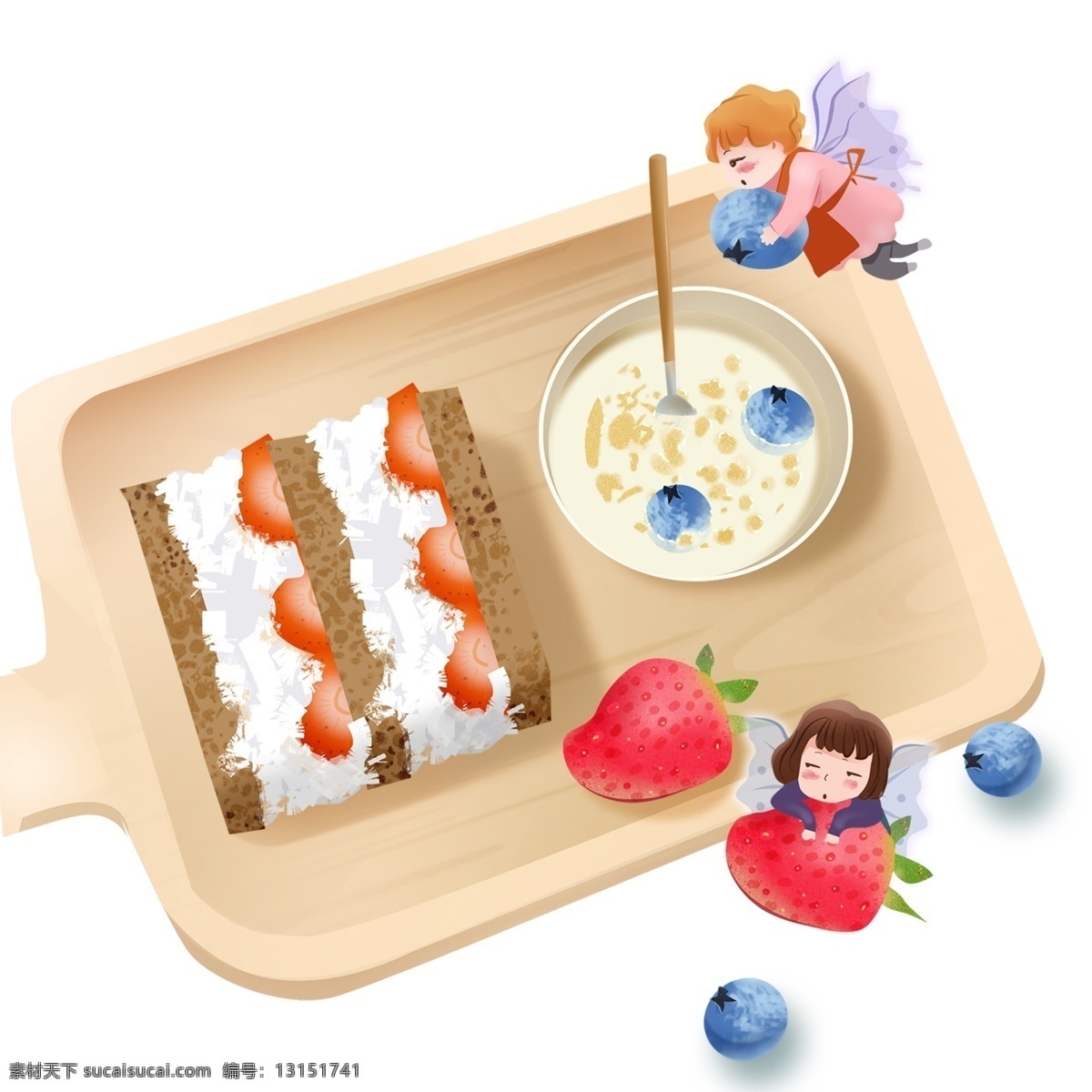 托盘 上 美味 营养 早餐 清新 女孩 精灵 蛋糕 插画 手绘 燕麦 水果