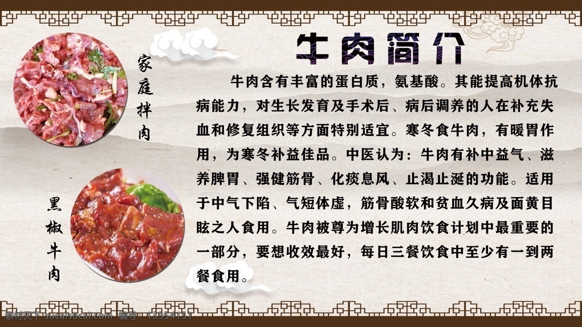牛肉简介 牛肉 复古 花纹 水墨 山水 展板模板