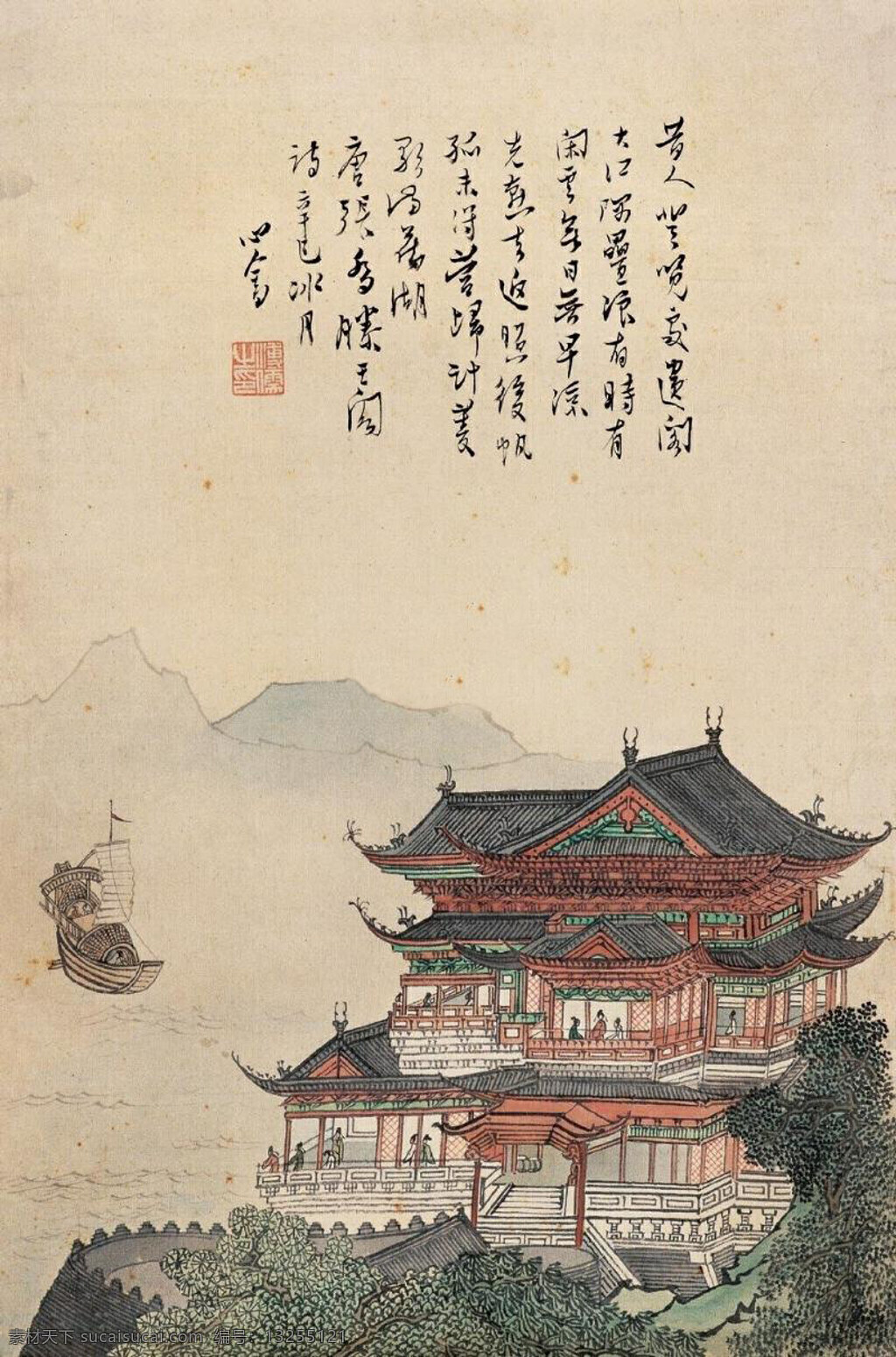 滕王阁图 镜心 绢本设色 溥儒 国画 山水 书法 绘画 绘画书法 文化艺术