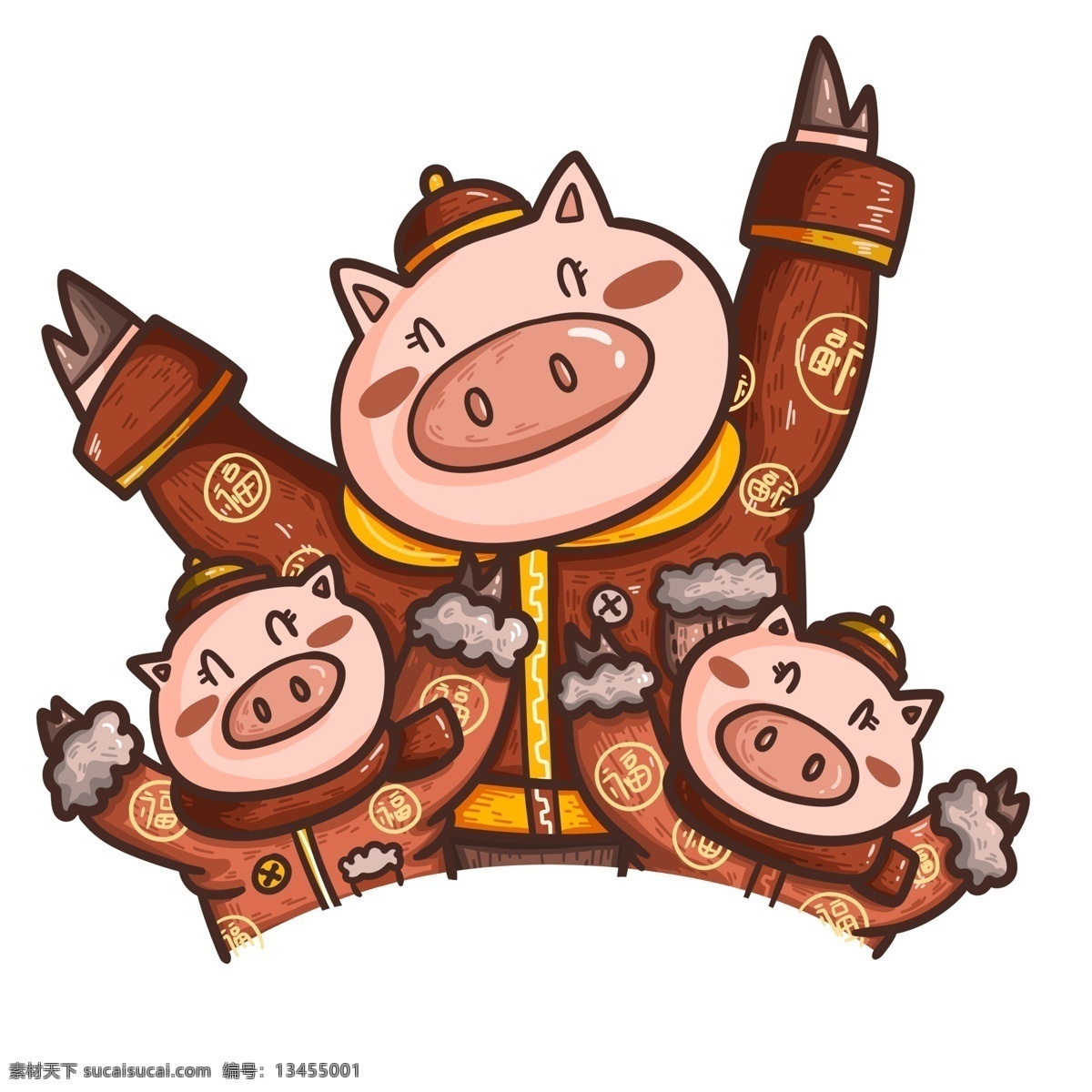 潮 漫 三 只 小 猪 拜年 卡通 插画 红色 喜庆 春节 潮漫 手绘 三只小猪 新春 新年 猪年 2019年 小猪形象 猪年形象