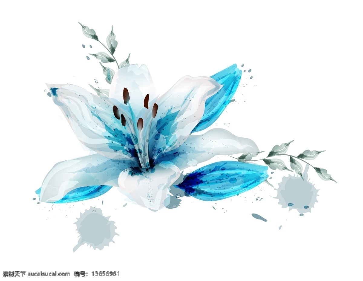 卡通 水墨 花朵 元素 中国风 水墨画 蓝色渐变 小清新 手绘 水墨花朵 ai元素 矢量元素