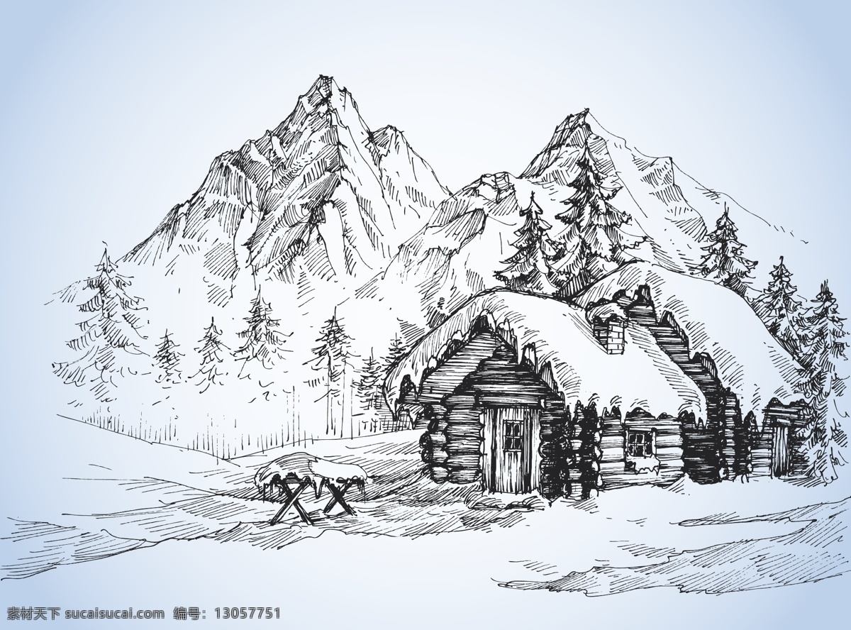 雪山 山峰 松柏 滑雪 雪人 素描 风景画 素描风景 速写 素描欣赏 素描艺术 铅笔画 素描素材 绘画素材 风景写生 速写风景 矢量素描 风景 黑白 植物 树木 房屋 矢量插画 自然景观 自然风光