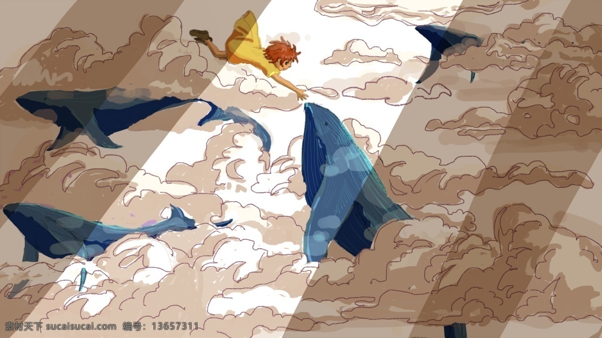 这是 梦幻 奇妙 旅程 天空 唯美 清新 治愈 鲸鱼 云海 少女 魔法 手绘 头像 微博用图 壁纸 手机用图