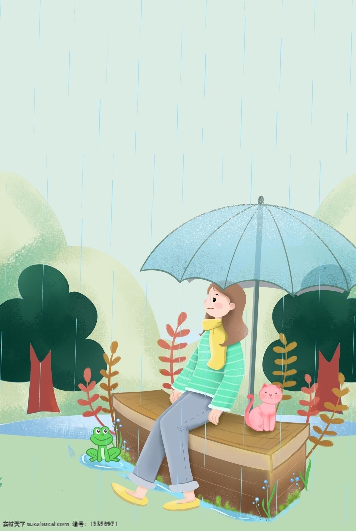 谷雨 海报 背景 简洁 叶子 彩色 下雨 下雨海报 下雨素材