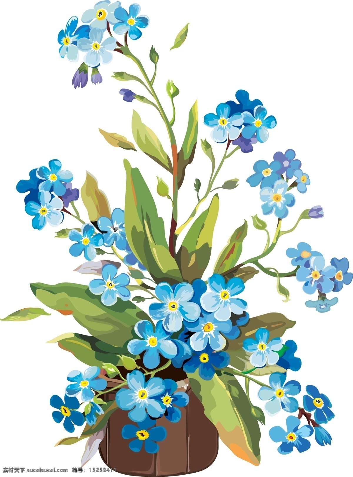 卡通 矢量 手绘 水彩 蓝色 花盆 商业 插画 元素 花 创意设计 排版 排版设计