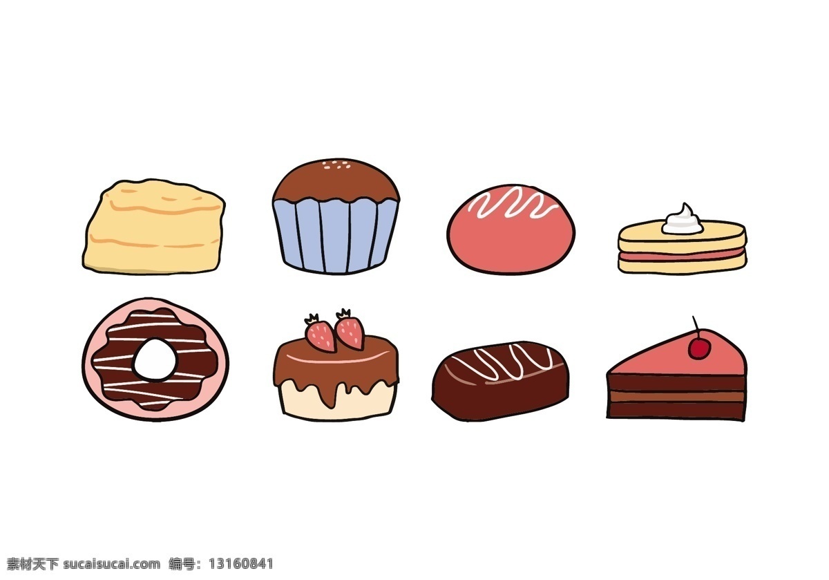 手绘 甜品 蛋糕 面包 矢量素材 手绘插画 手绘蛋糕 手绘食物 手绘甜品 甜甜圈