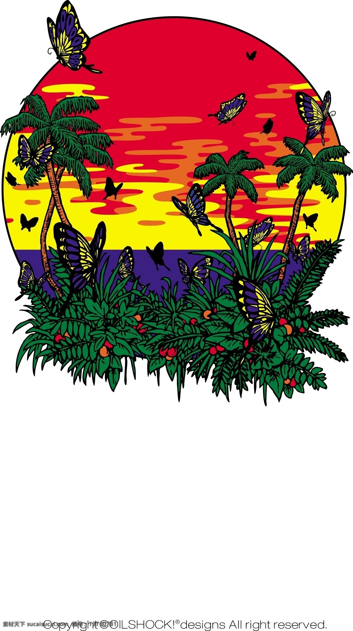 潮流服饰 印花 图案 彩虹 地球 太阳 椰树 矢量图 其他矢量图
