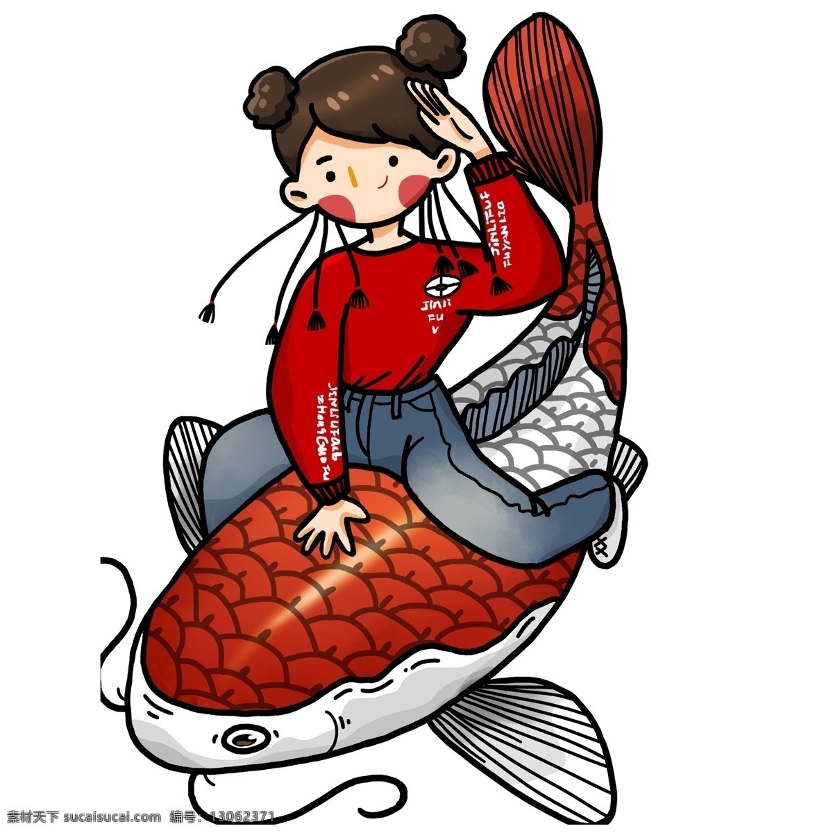 中国 风 彩色 骑 锦鲤 女孩 中国风 卡通 春节 可爱 潮漫 转运锦鲤 中国年 猪年 新年 红鲤鱼 少女