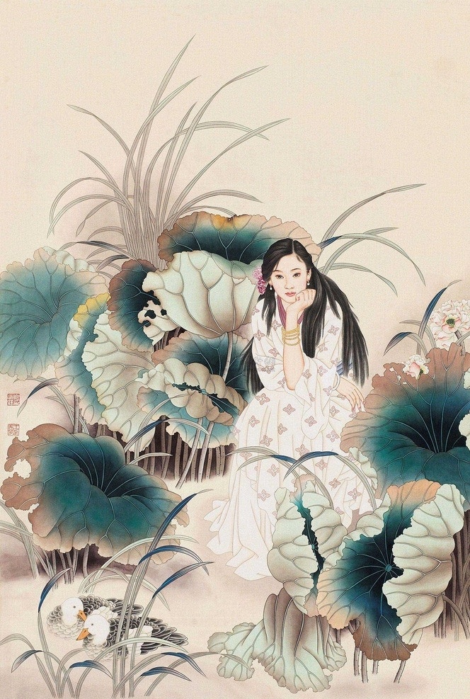工笔仕女 艺术 绘画 国画 工笔 工笔人物 古装 荷叶 鸳鸯 绘画书法 文化艺术