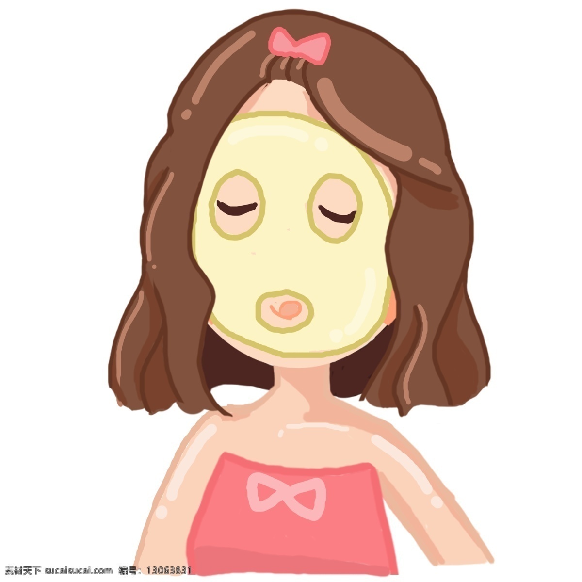 贴 面膜 小女孩 插画 贴面膜的女孩 绿色的面膜 粉色的蝴蝶结 蝴蝶结装饰 漂亮的小女孩 卡通人物