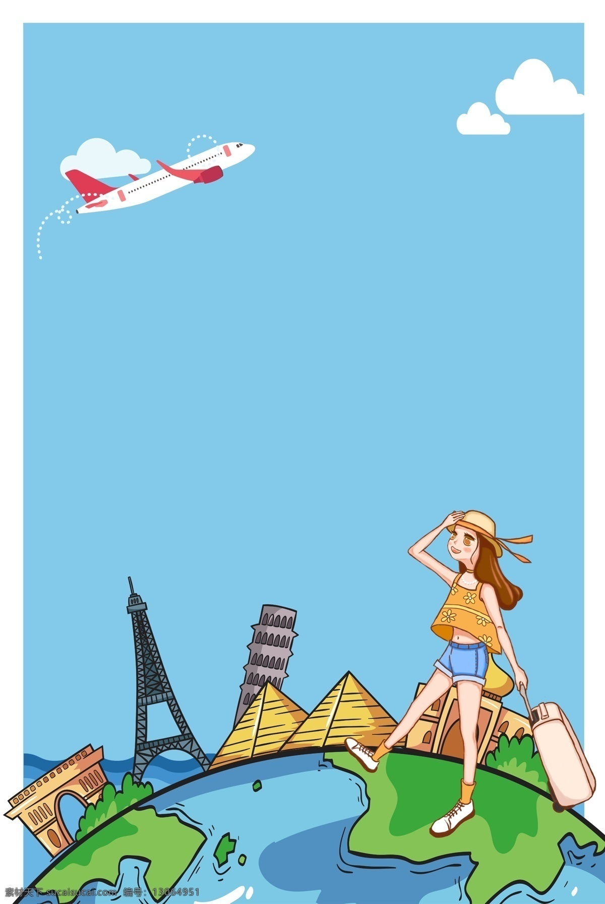 世界各地 旅游 海报 背景 假期 行李 戴 草帽 女生 毕业旅游 休闲 出发 夏天 女孩 世界各地旅游