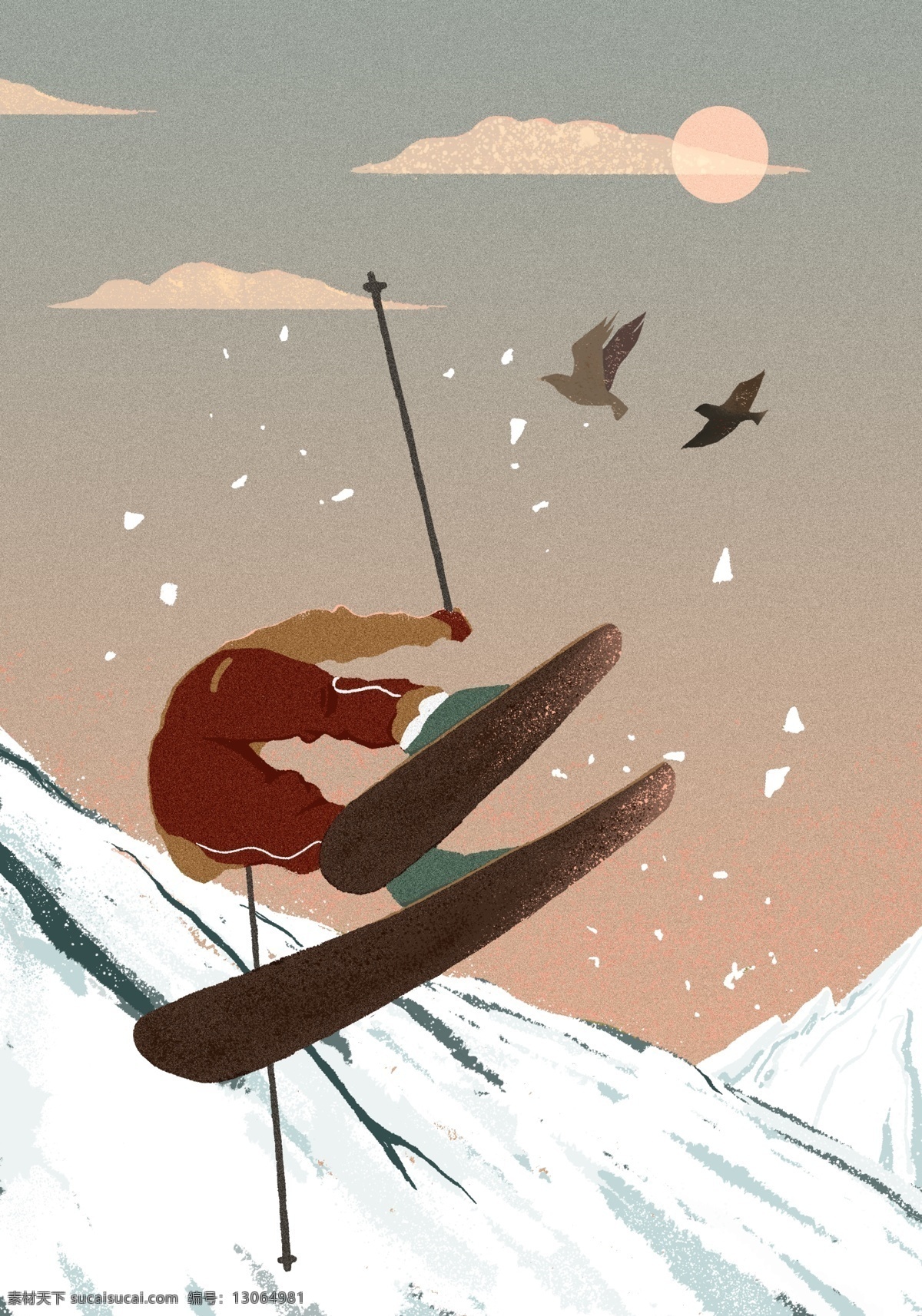 梦游记滑雪 滑雪 梦游 唯美 插画 手绘 雪山 文化艺术 绘画书法