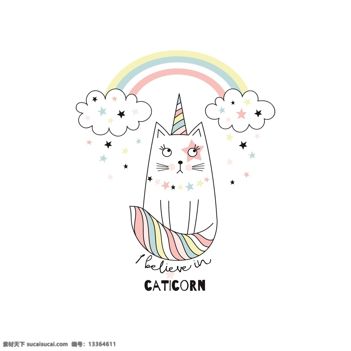 可爱 卡通 版 白猫 矢量 白云 彩虹 彩色 平面素材 设计素材 矢量素材 星星