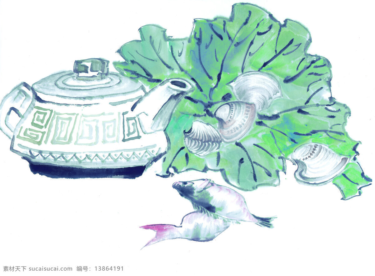 水墨画 篮子 蔬菜 鱼 中国风 中华艺术绘画 文化艺术