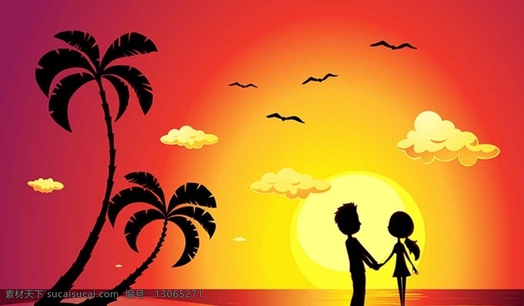 夕阳情侣 夕阳 沙滩 椰子树 浪漫 海鸥 情侣 情人节 七夕 日落 金色 红色 爱人