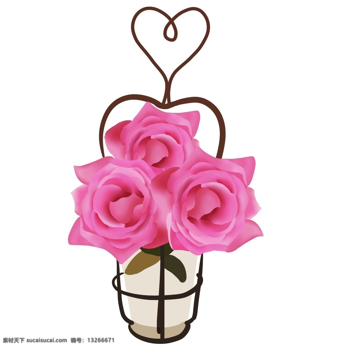 手绘 爱情 玫瑰花 插画 粉色的玫瑰 卡通插画 手绘爱情插画 绽放的玫瑰 黑色的花篮 漂亮的玫瑰