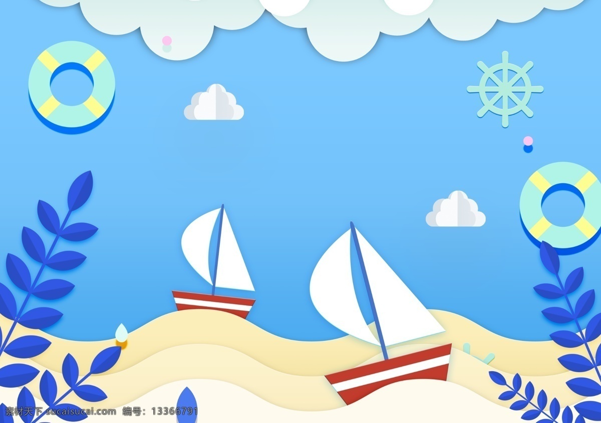 沙滩 夏日 清爽 海面 帆船 度 装饰 元素 卡通 海洋 度假