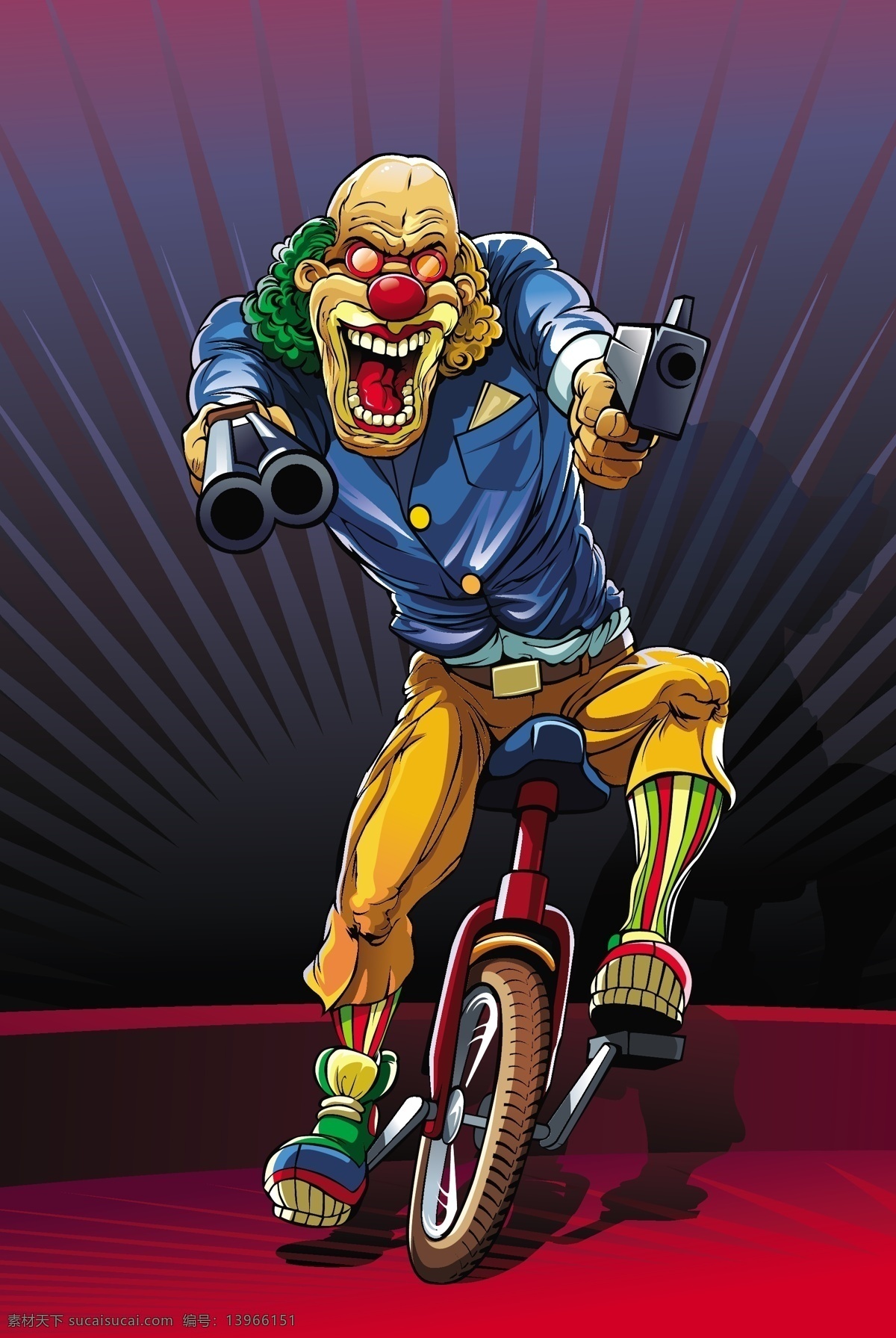 骑 独轮车 疯狂 小丑 愚人节 疯狂小丑 枪 放射线 插画 卡通漫画 黑色