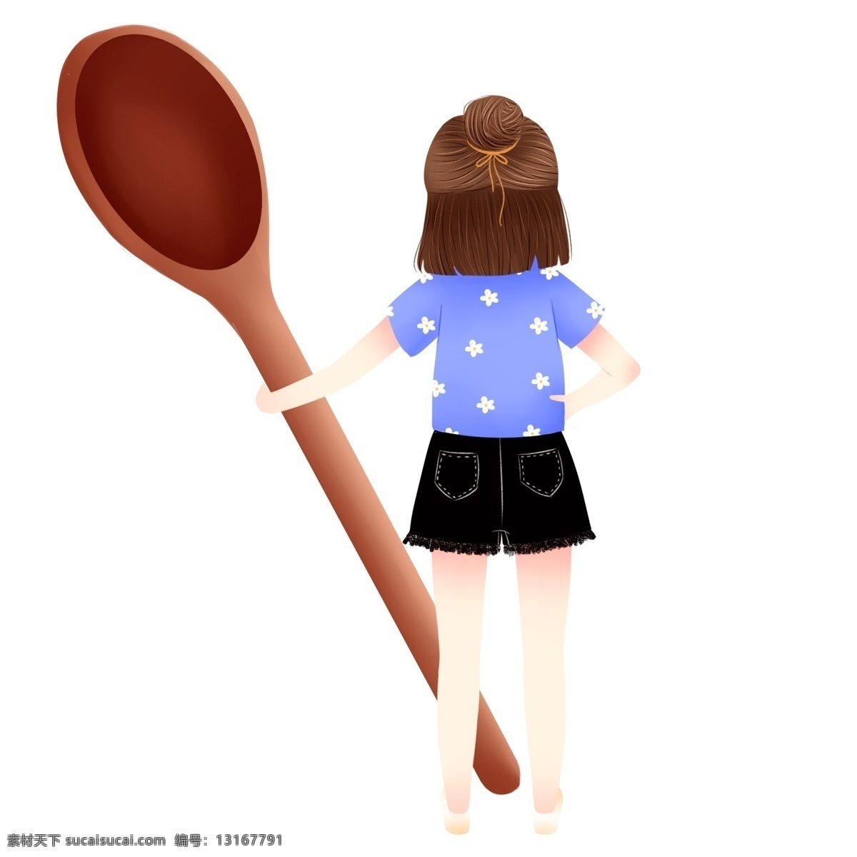 卡通 小 清新 勺子 女孩 小清新 插画 背影 创意 吃货