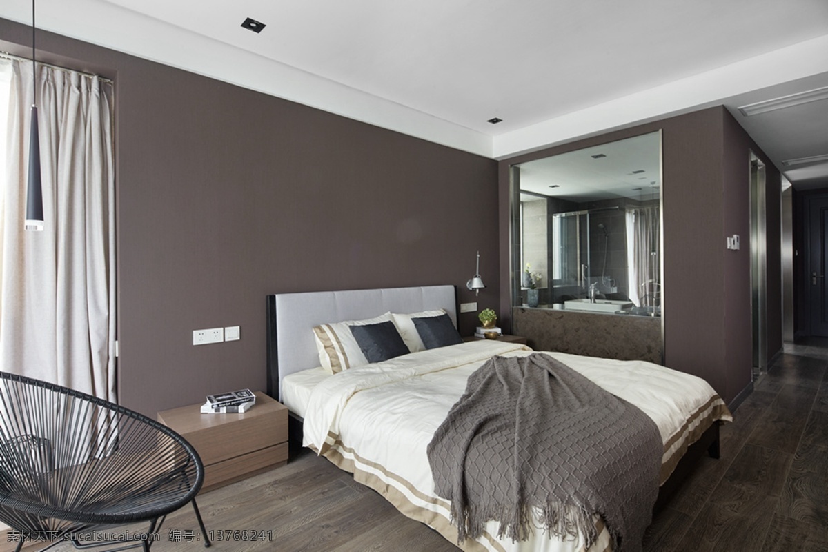 现代 时尚 卧室 浅 灰褐色 背景 墙 室内装修 效果图 黑色椅子 木地板 木制床头柜 卧室装修